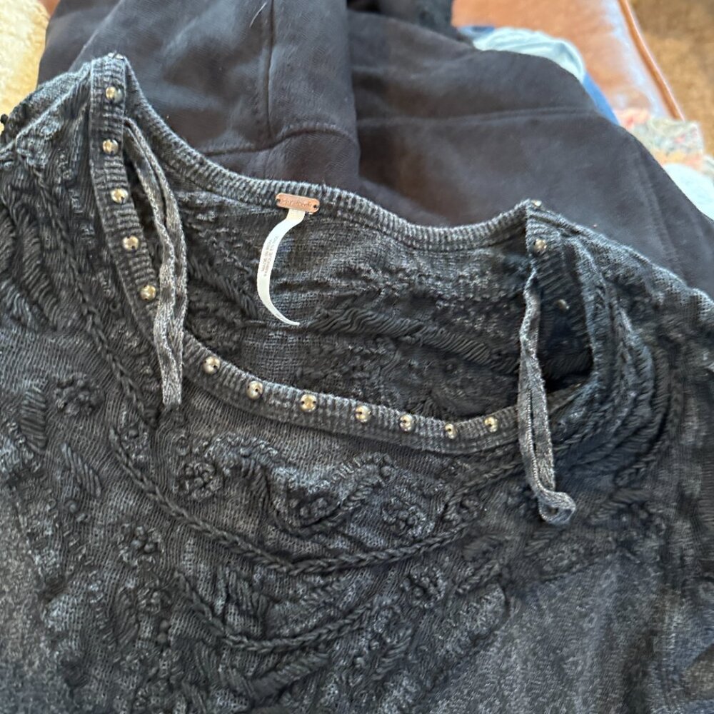 Free People Black Embroidered Lace Jacquard Love Sleeve Top M - Picture 4 of 8